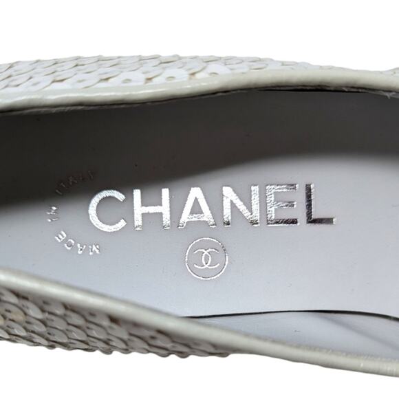 19C Chanel Mary Jane flats ballet pumps interlocking CC logo white sequin 37 - Picture 12 of 16